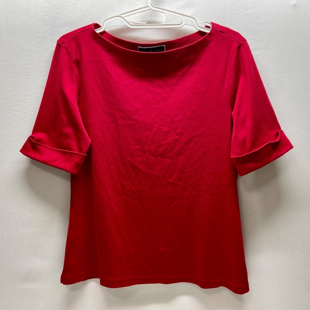Karen Scott Boatneck Shirt Women's Large Red Casual 100% Cotton Cuff Sleeves GUC